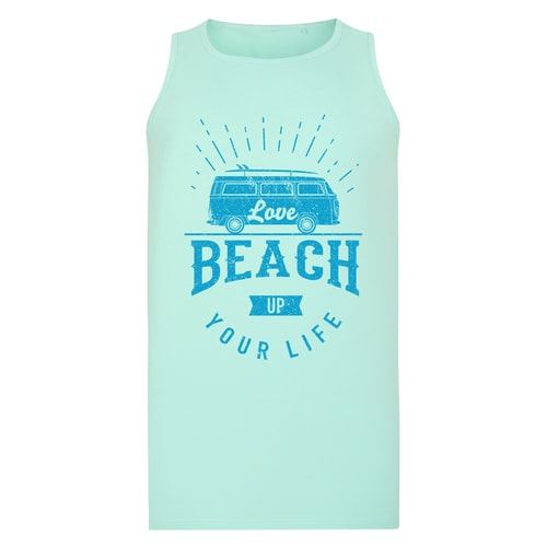 Mint green sleeveless T-shirt with blue beach van print.